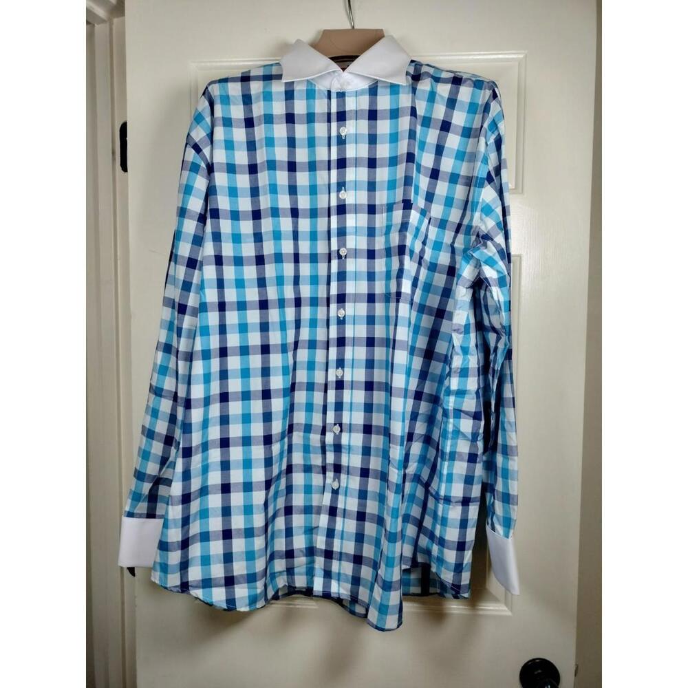 NWOT John Sparks Men’s Dress Shirt | Blue Gingham Plaid | White‎ Contrast Collar